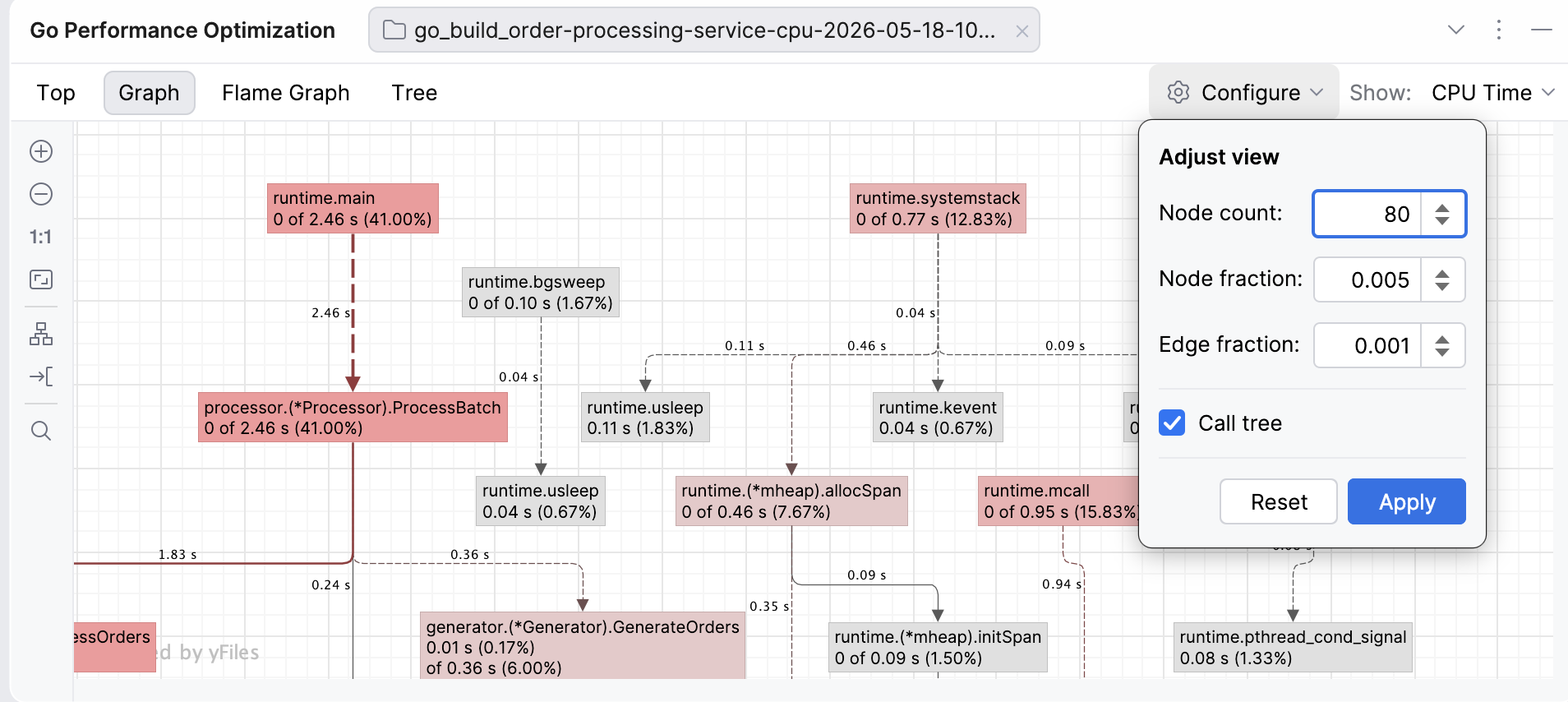 Graph settings in the Go profiler