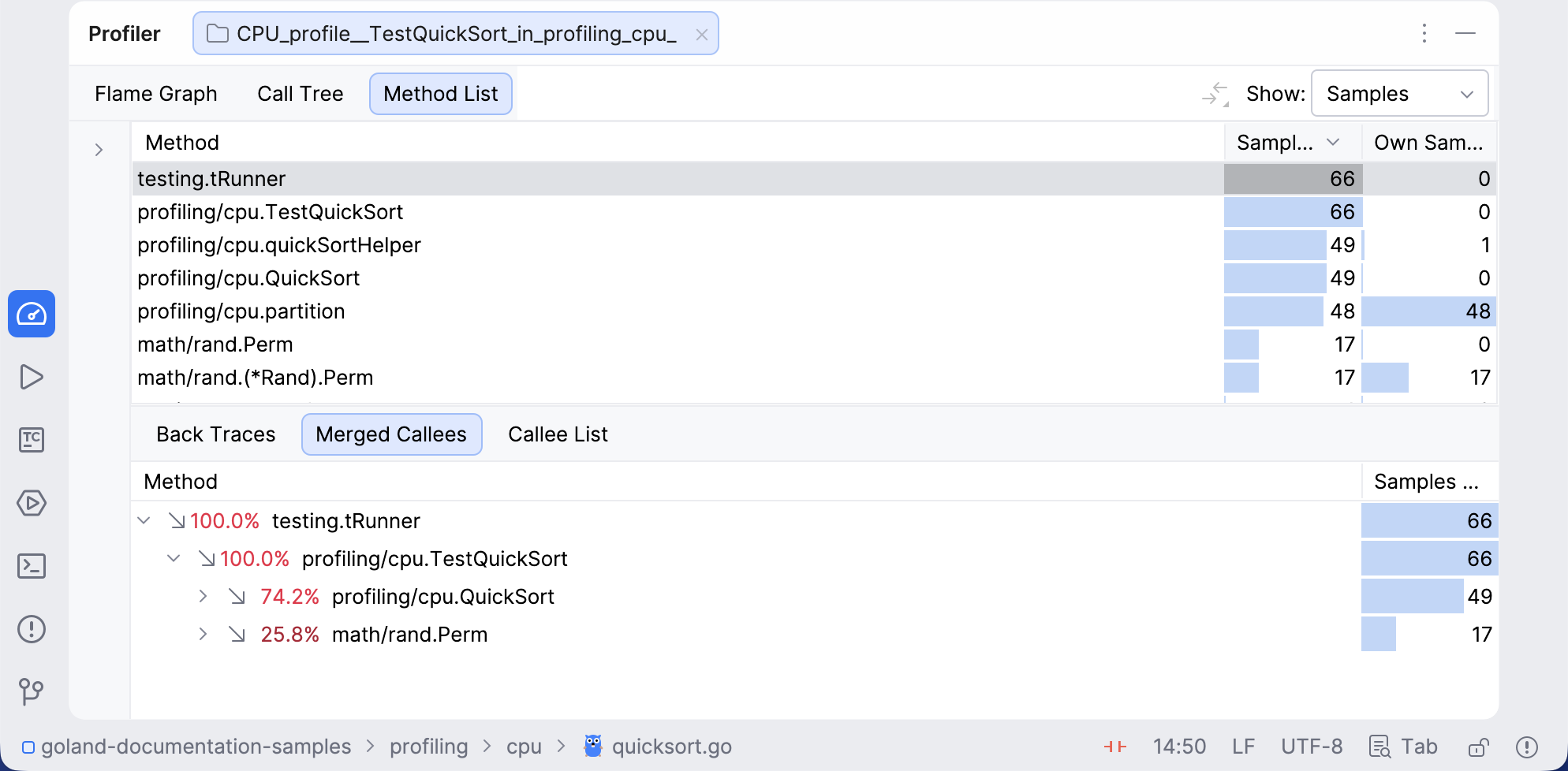 分析结果中的方法列表标签
