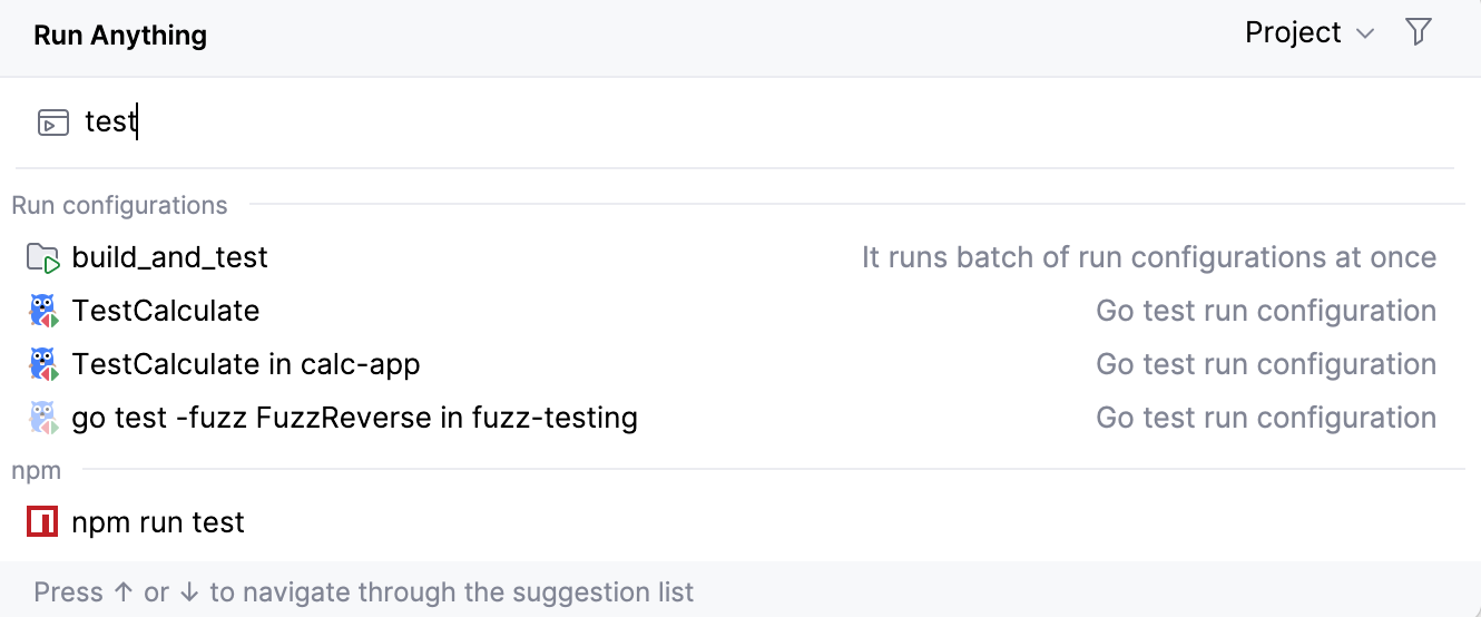 从 运行一切 弹出窗口启动运行/调试配置
