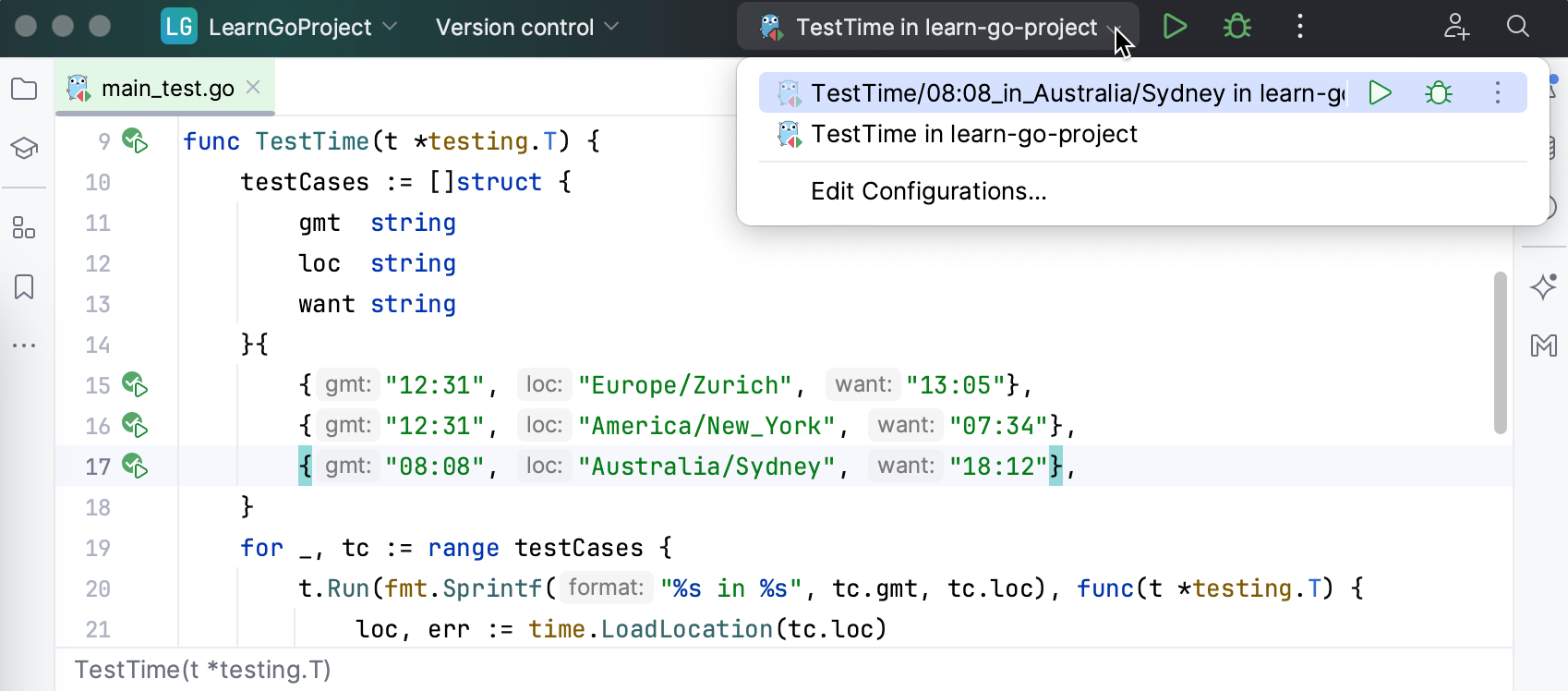 运行测试的运行/调试配置