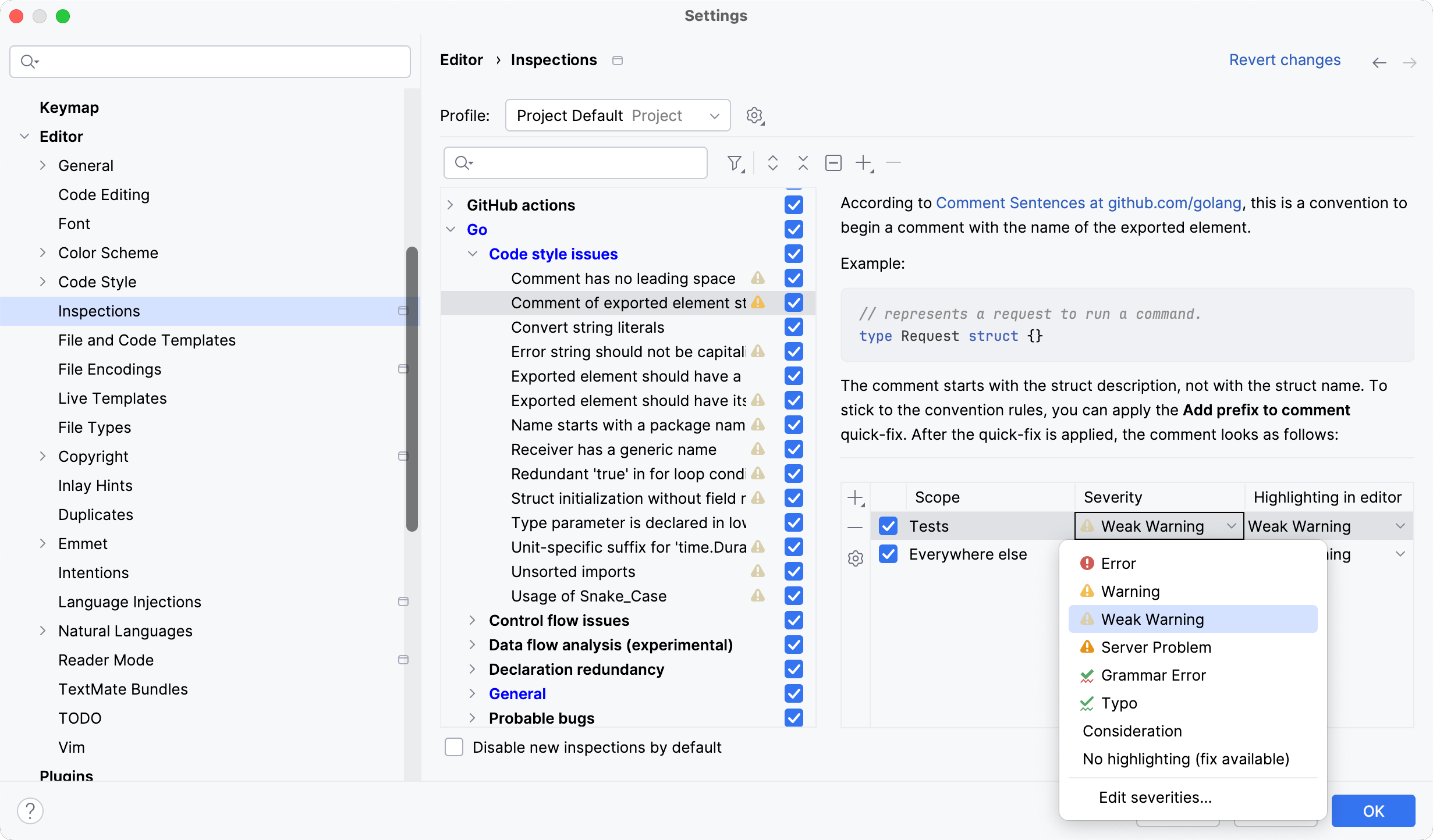 更改检查严重性按范围 更改检查严重性按范围