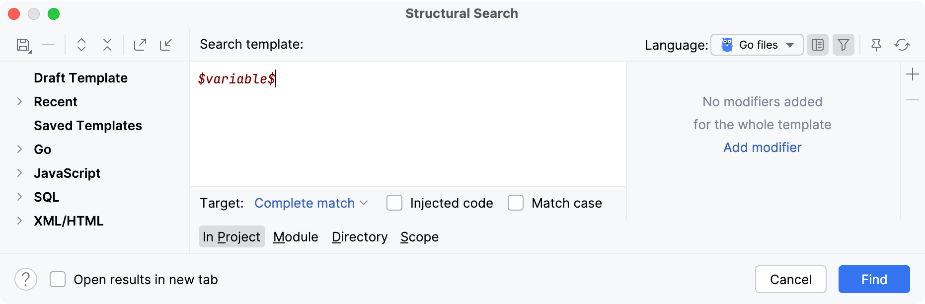 Structural Search dialog Structural Search dialog