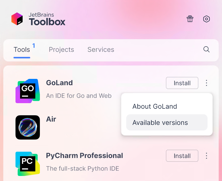 Toolbox App 中的 GoLand Toolbox App 中的 GoLand