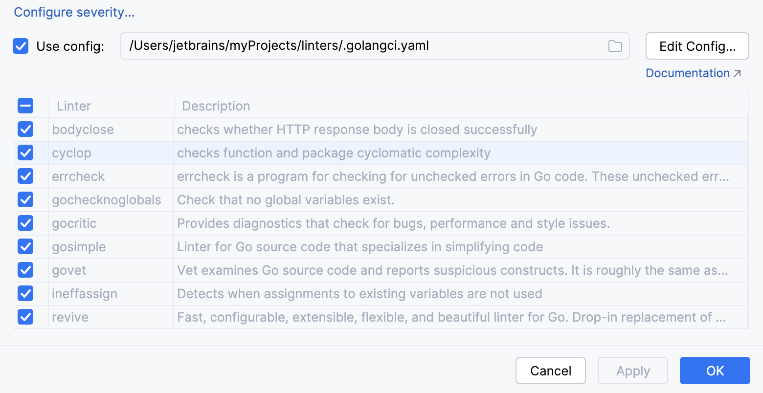 为 golangci-lint 使用自定义配置文件