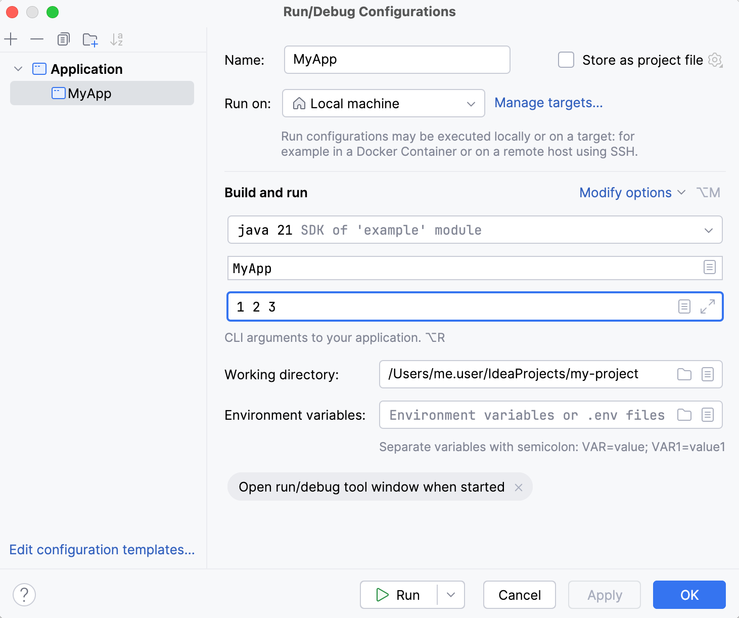 'Program arguments' field in run configuration settings