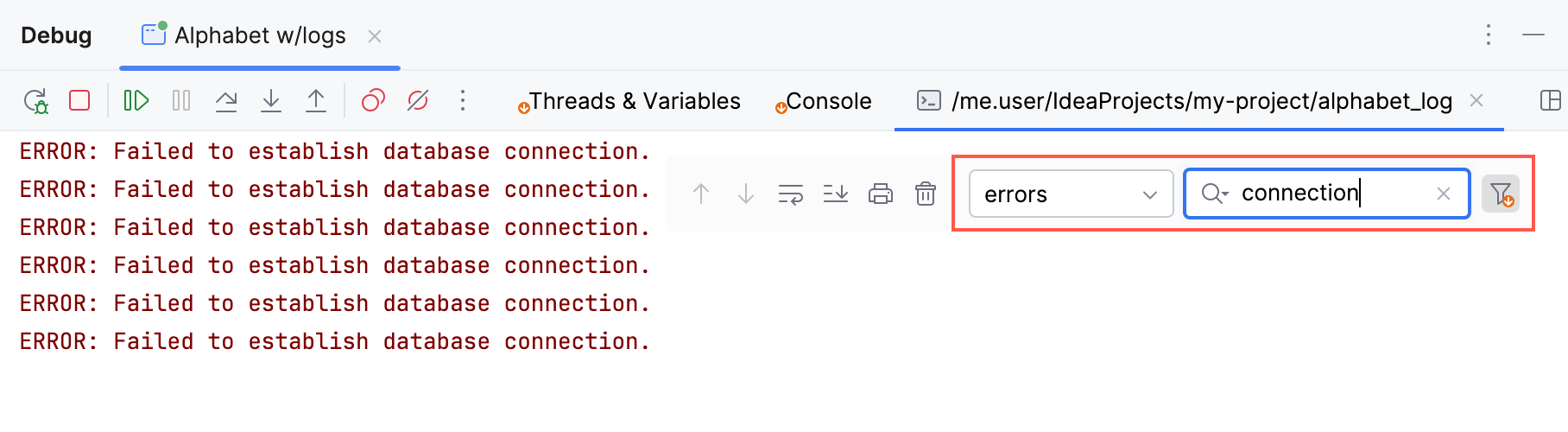 Search fields in the toolbar of the Run tool window Search fields in the toolbar of the Run tool window