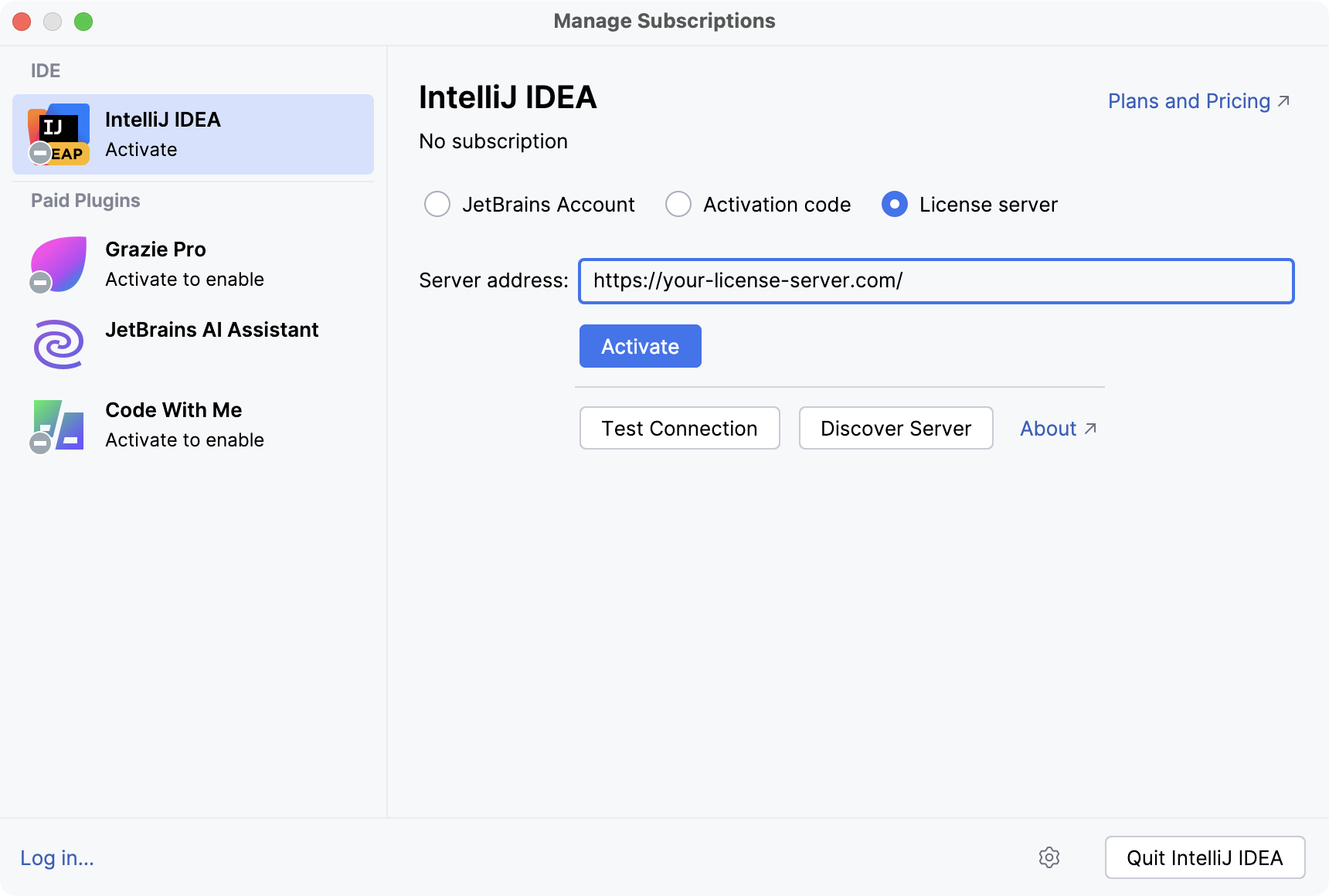 Activate IntelliJ&nbsp;IDEA license with a license server