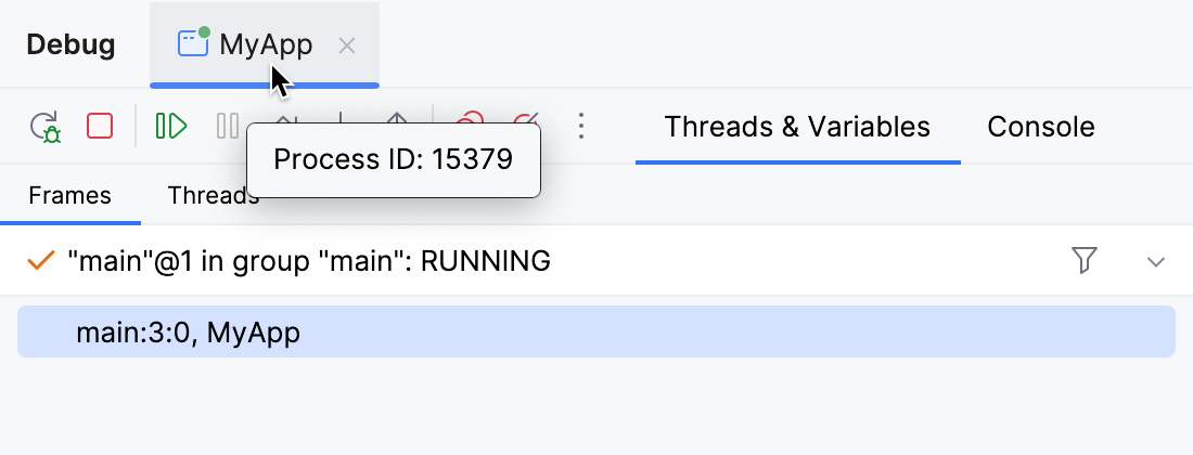 A tooltip with process ID is shown on hovering a session tab in the Debug tool window