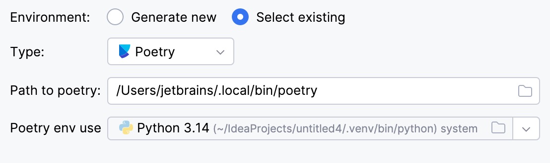 Select existing poetry environment