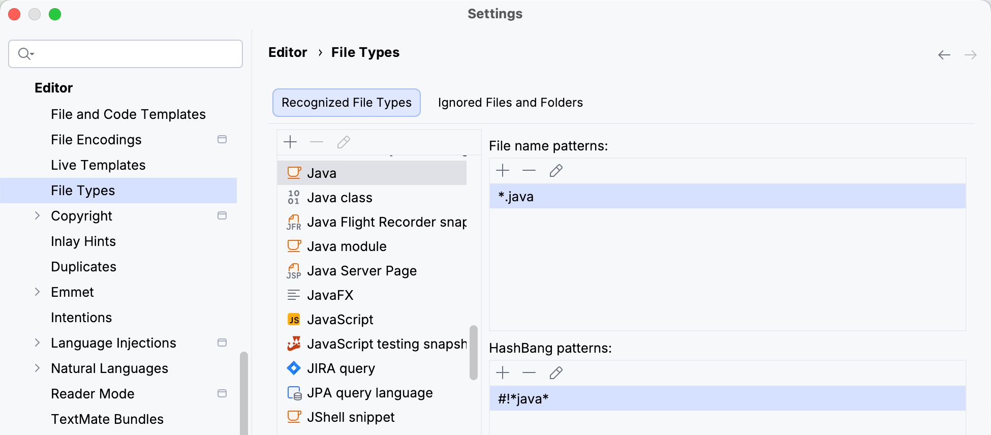 Recognized File Types in the Settings dialog