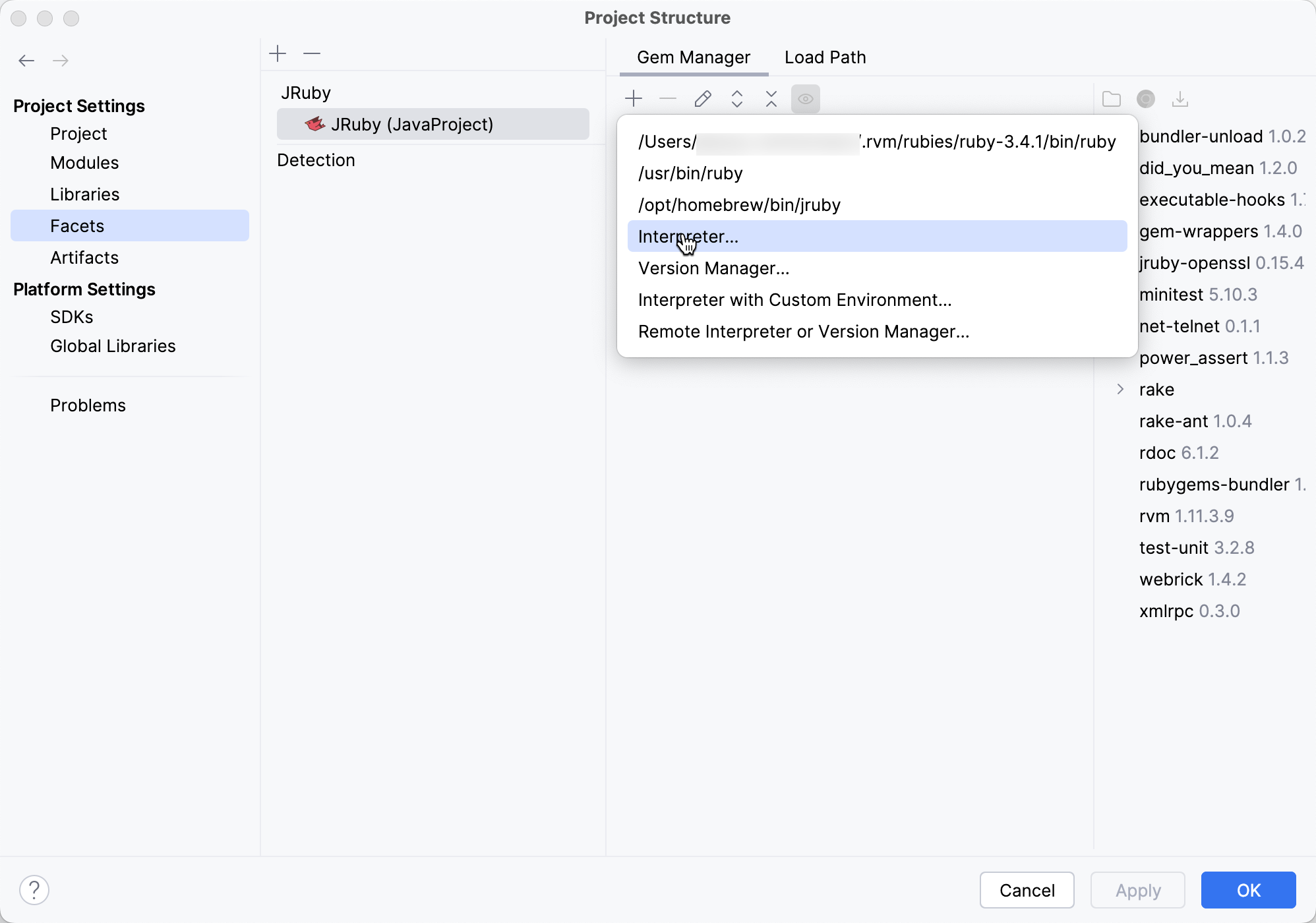 Selecting the Interpreter option Selecting the Interpreter option