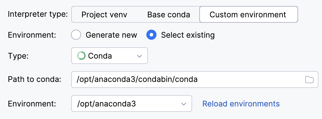 Selecting an existing conda interpreter for a new project