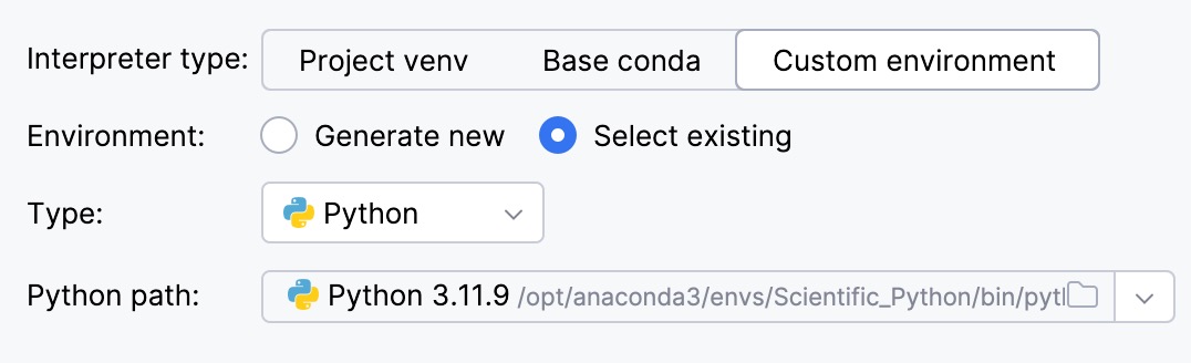 Selecting an existing interpreter for a new project