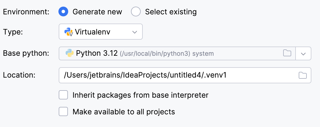 Generate new virtualenv environment