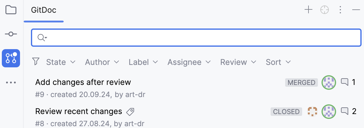 GitHub Pull Requests tool window GitHub Pull Requests tool window