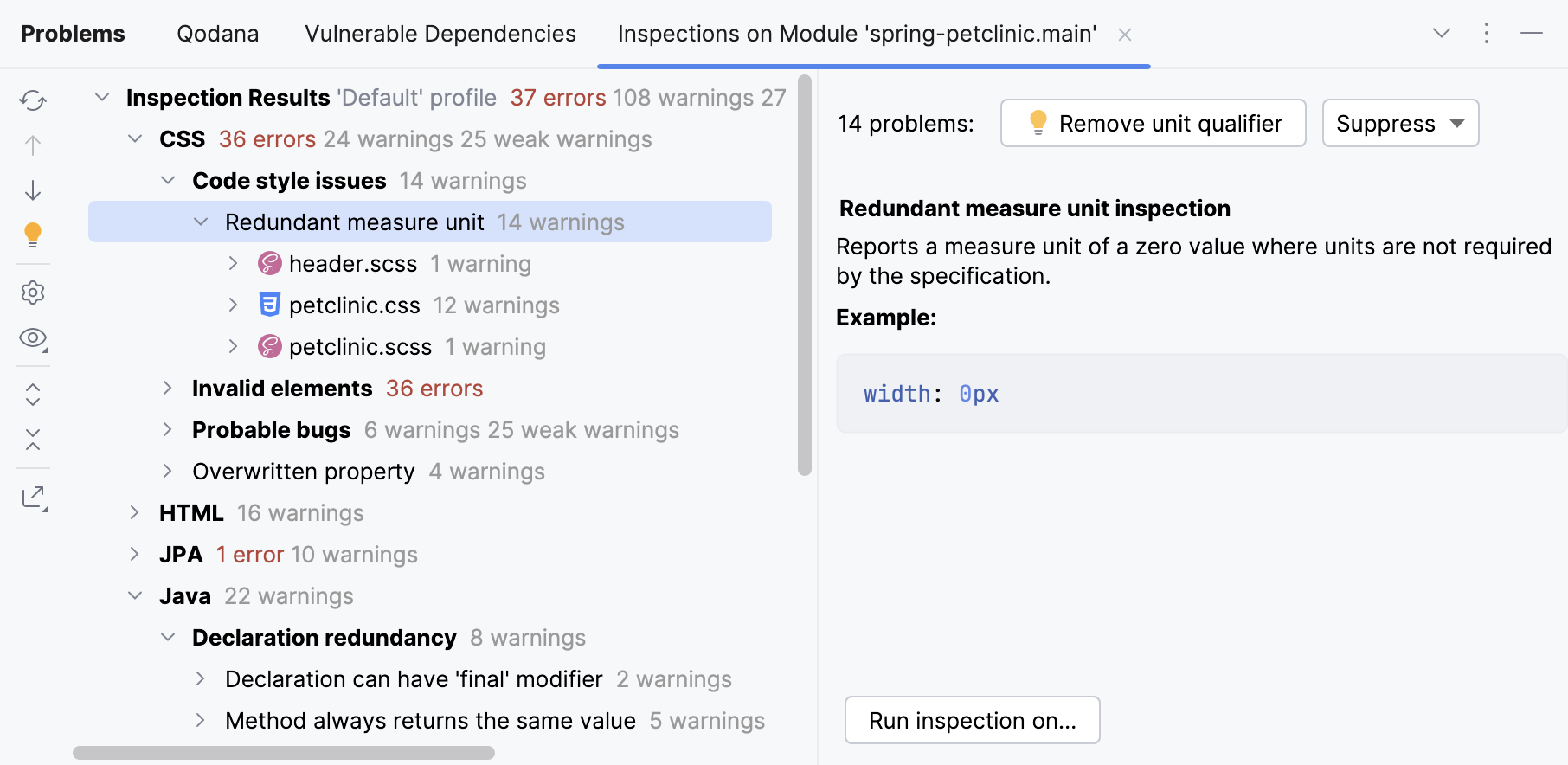 Inspection results tab Inspection results tab