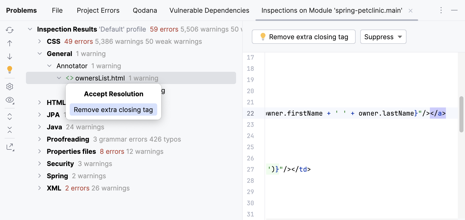 Problems tool window