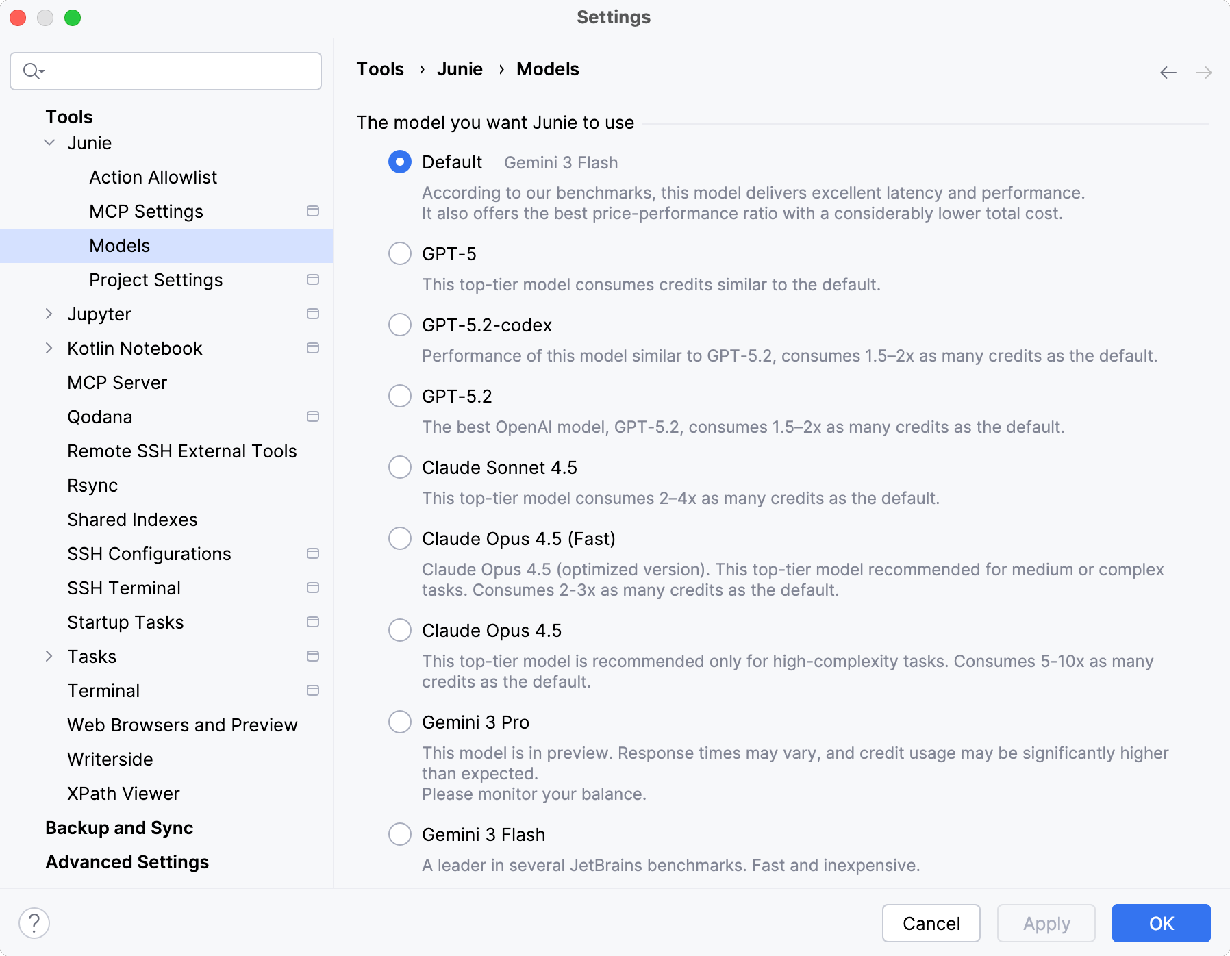Junie models selection