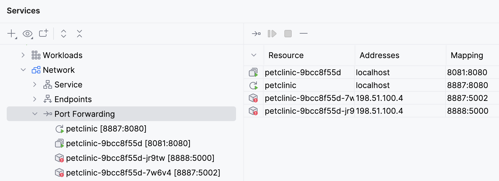 List of port-forwarding sessions