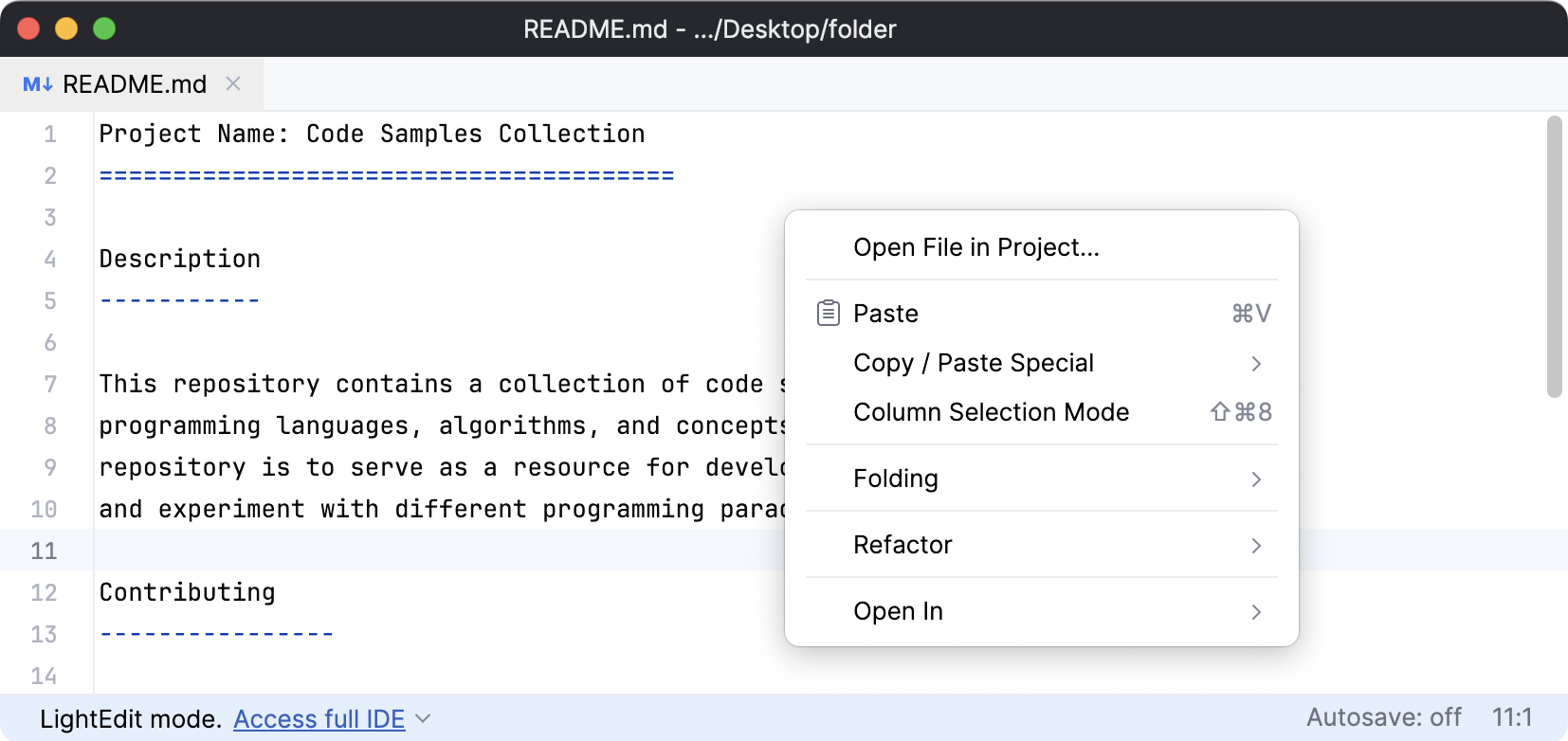 LightEditor the context menu LightEditor the context menu