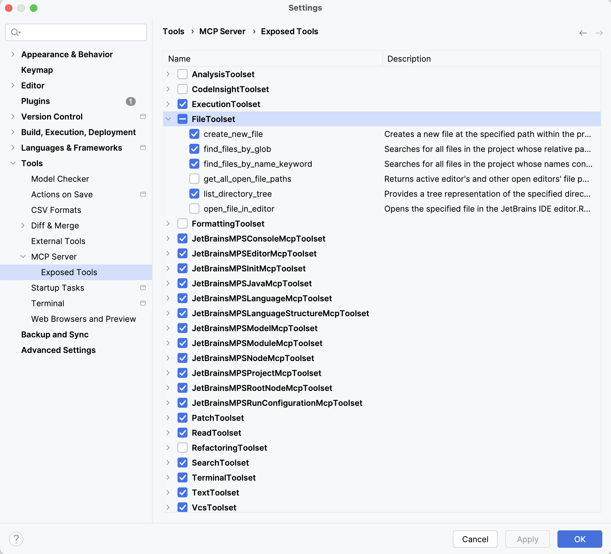 Settings | Tools | MCP Server | Exposed Tools showing a list of MCP tools with checkboxes to enable or disable each one. Settings | Tools | MCP Server | Exposed Tools showing a list of MCP tools with checkboxes to enable or disable each one.