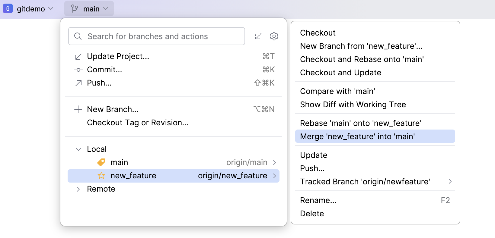 Merge option in the VCS widget menu Merge option in the VCS widget menu