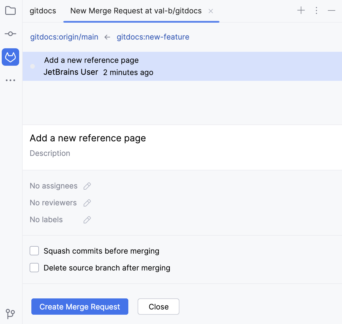 Merge Requests tool window with a new merge request Merge Requests tool window with a new merge request