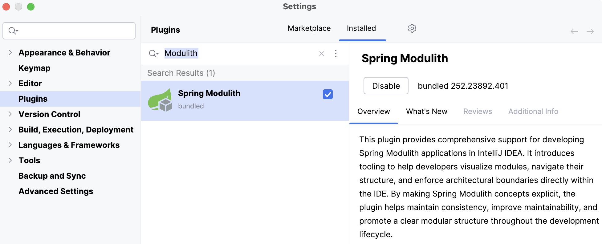 Spring Modulith plugin bundled and enabled