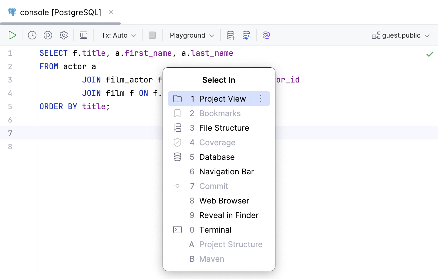 Navigate to a query console from the Select In window Navigate to a query console from the Select In window
