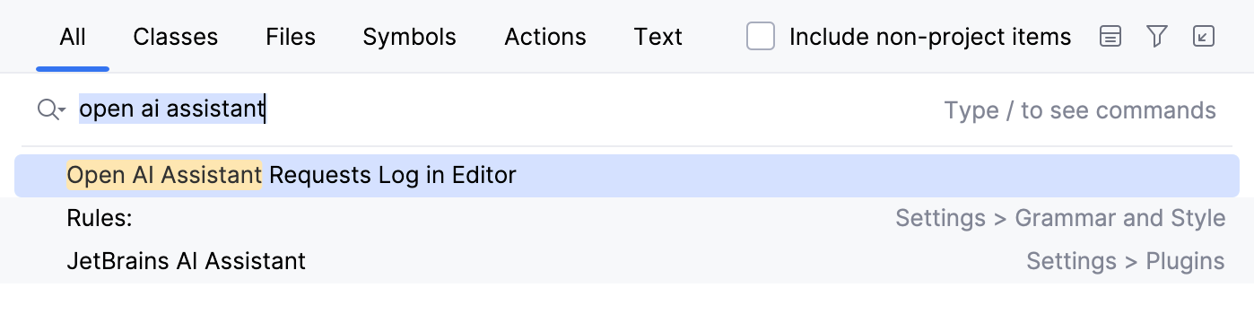 Action in Search Everywhere for opening AI&nbsp;Assistant requests log