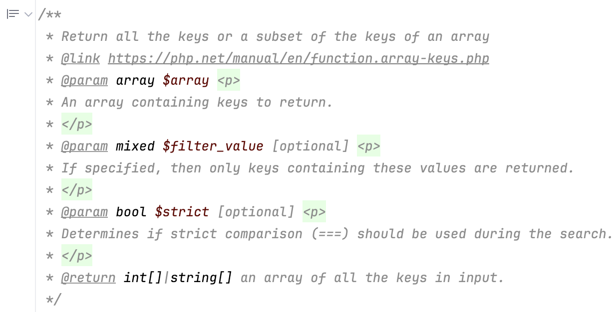 PHPDoc comments in the editing mode