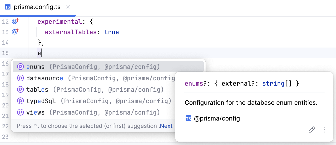 Completion in Prisma configuration files