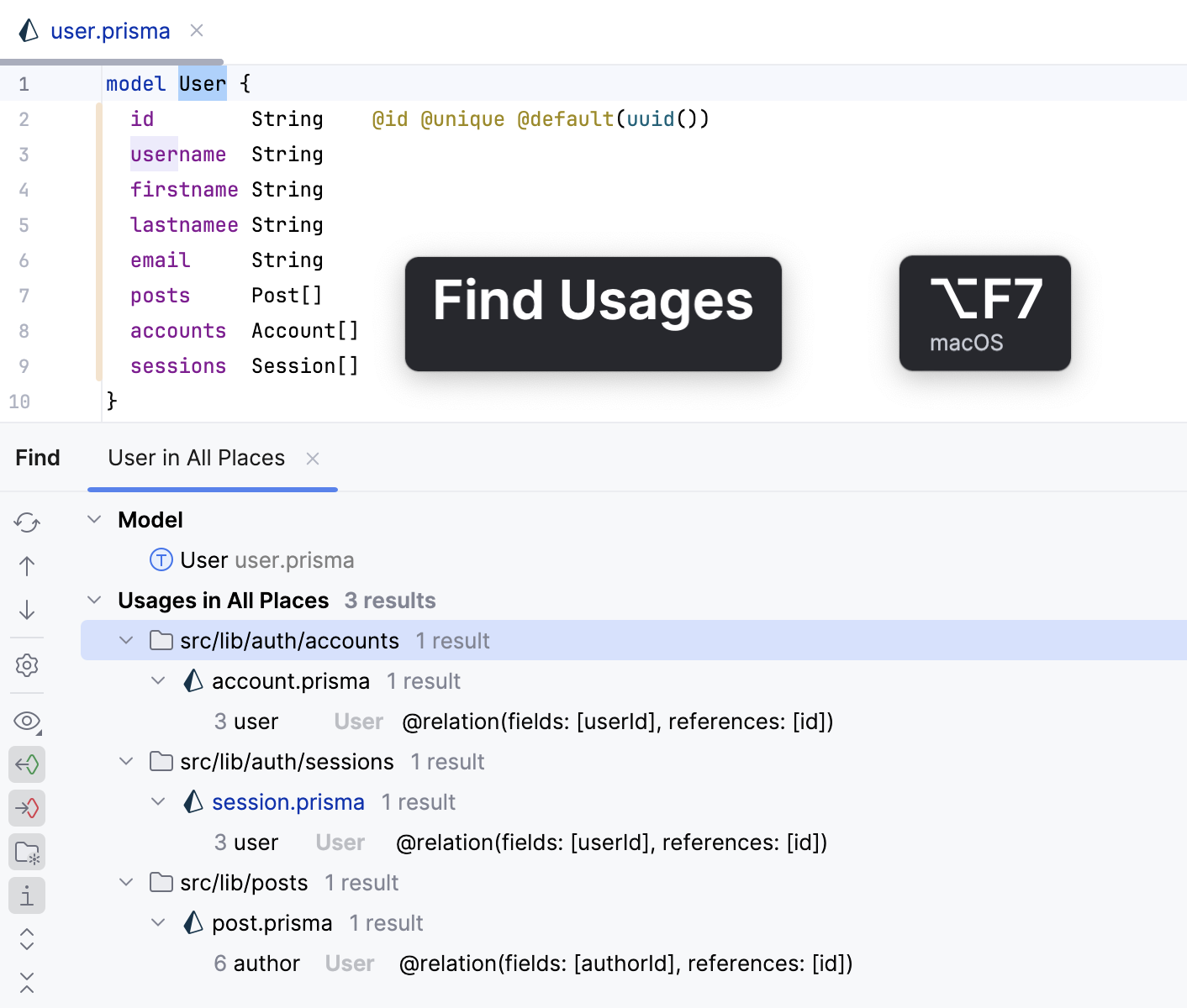 Find usages of a model across a split schema
