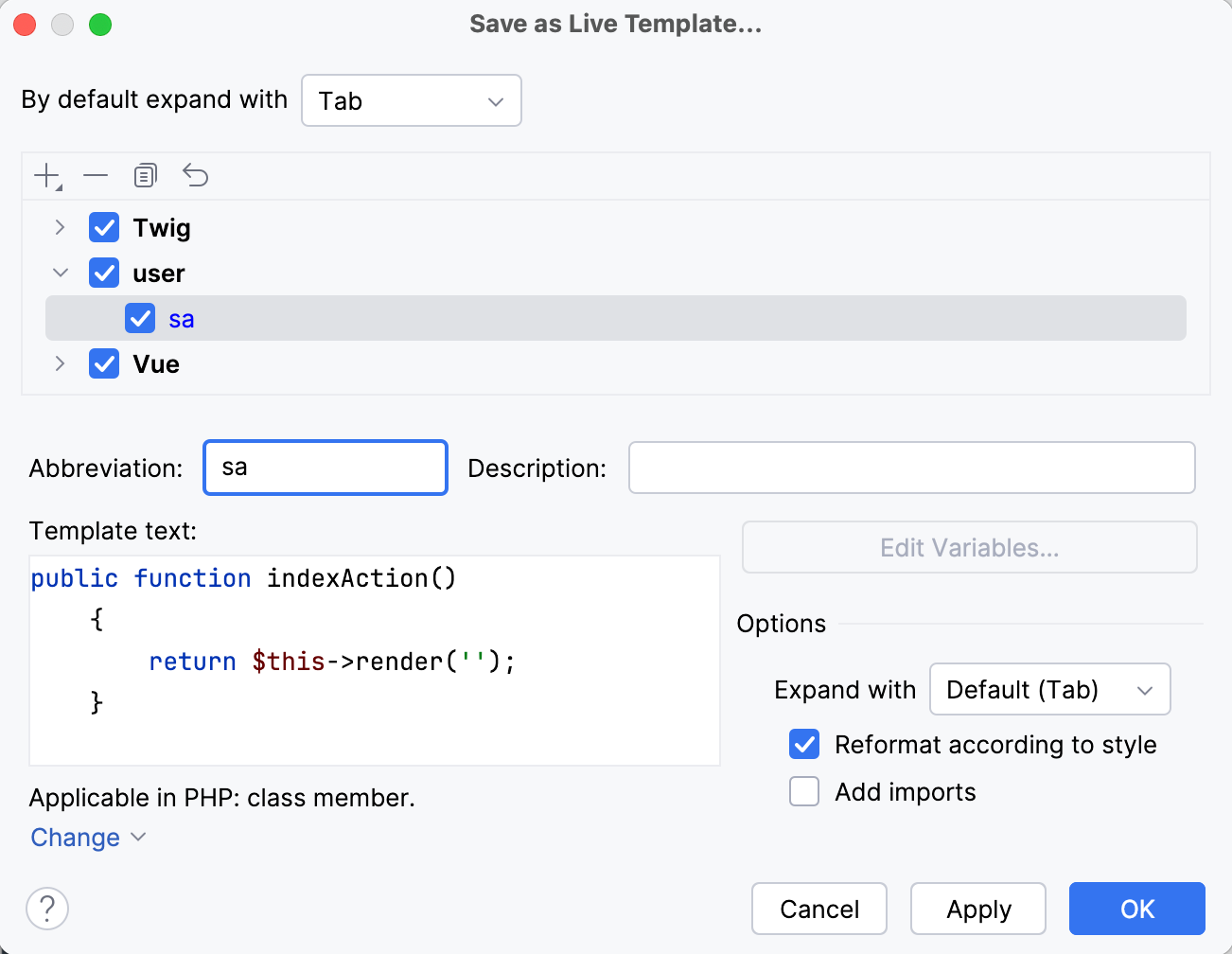Save as live template dialog Save as live template dialog
