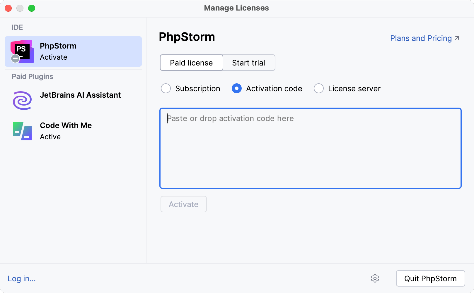 Activate PhpStorm license with an activation code