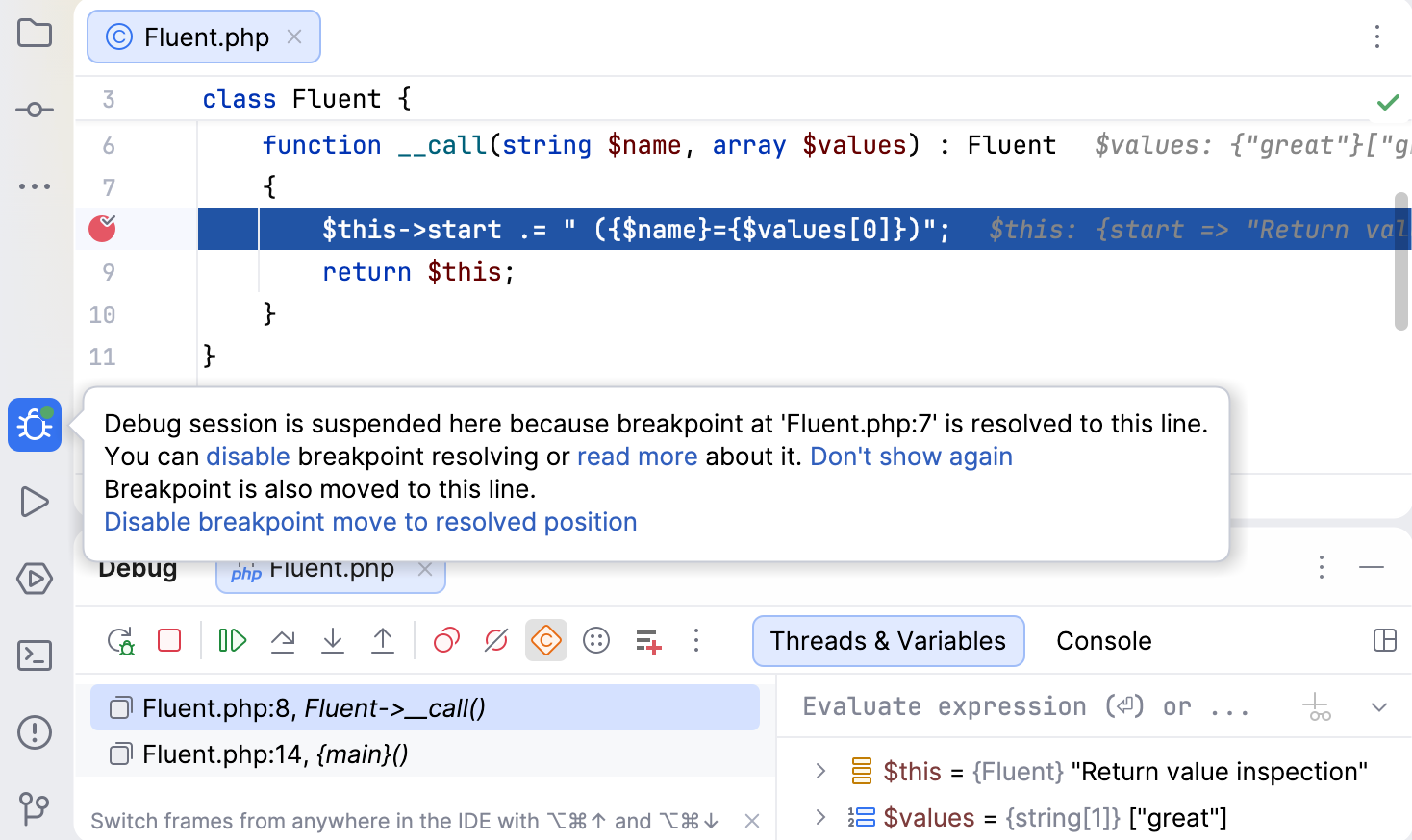 Resolved breakpoint with notification Resolved breakpoint with notification
