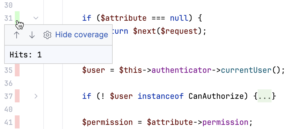 Coverage indicators in the editor Coverage indicators in the editor