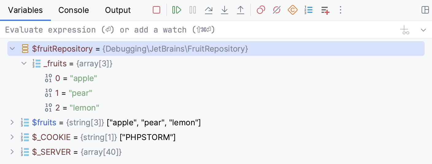 The Variables tab shows you the variables visible from the current execution point The Variables tab shows you the variables visible from the current execution point