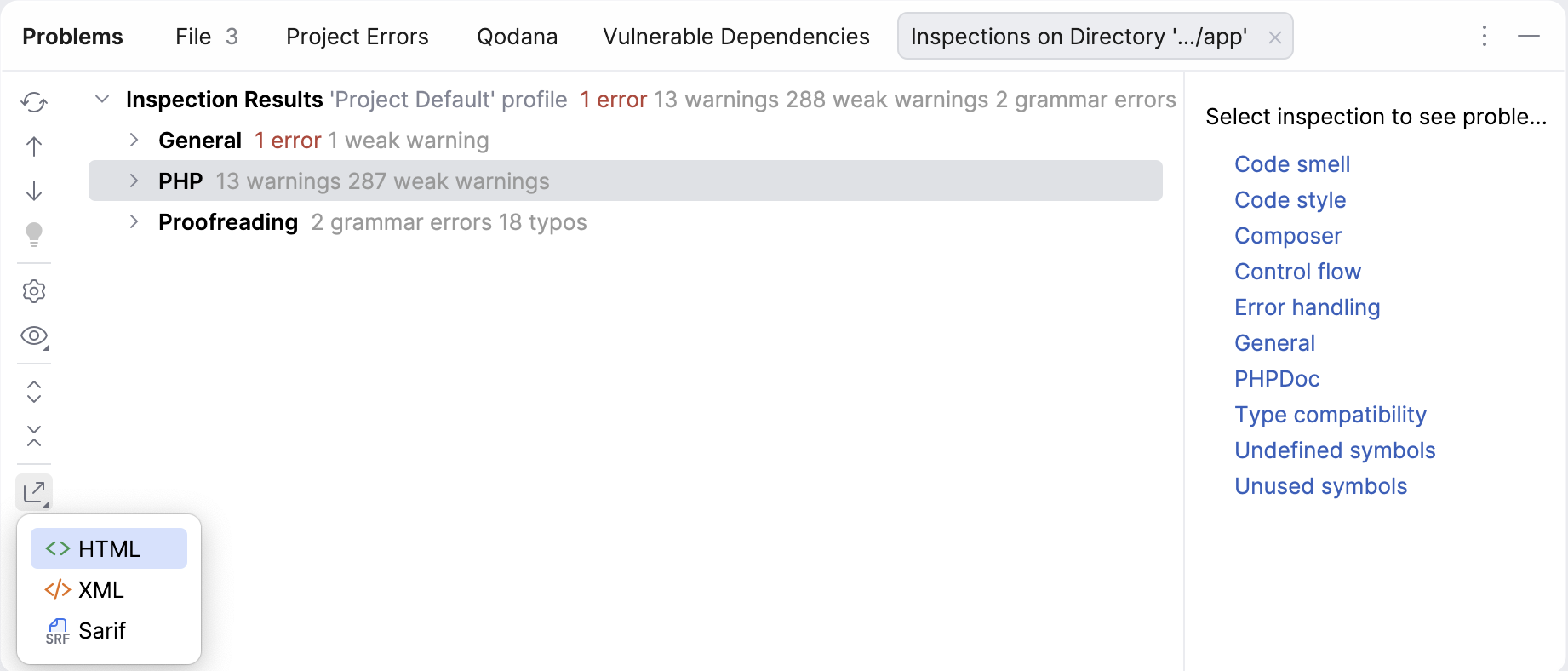 The Export button in the Inspection Results tool window