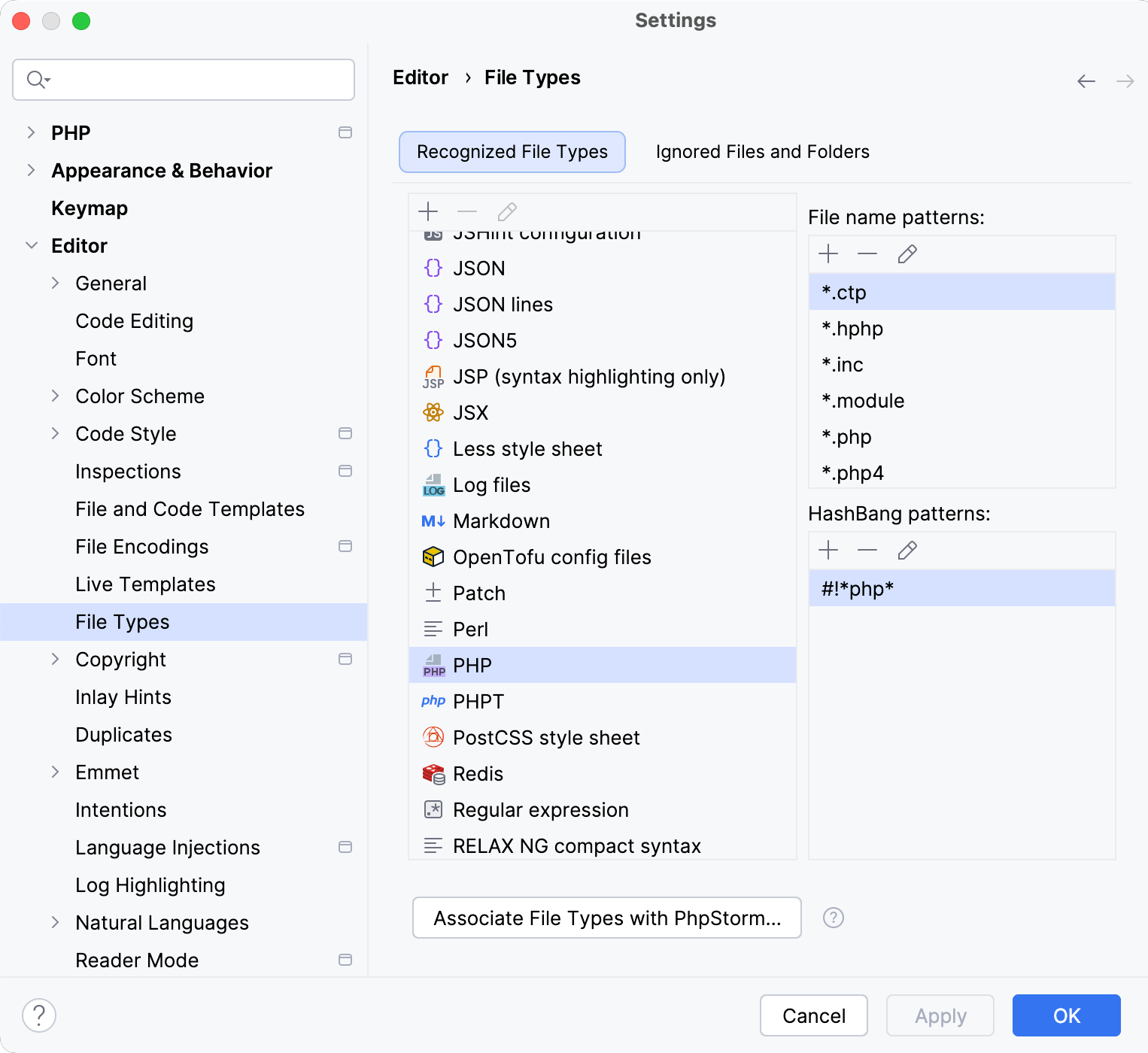File type settings File type settings