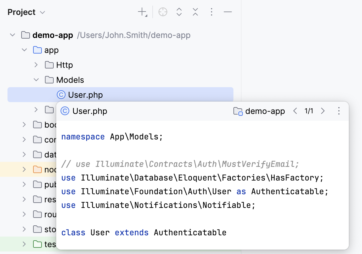Opening a file preview in the Project tool window Opening a file preview in the Project tool window