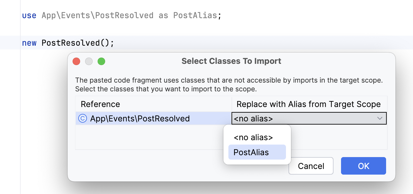 the Select Classes To Import dialog: reuse existing alias the Select Classes To Import dialog: reuse existing alias