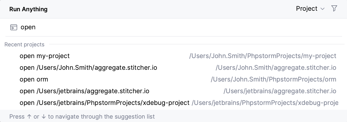 Opening a recent project from the Run Anything popup Opening a recent project from the Run Anything popup