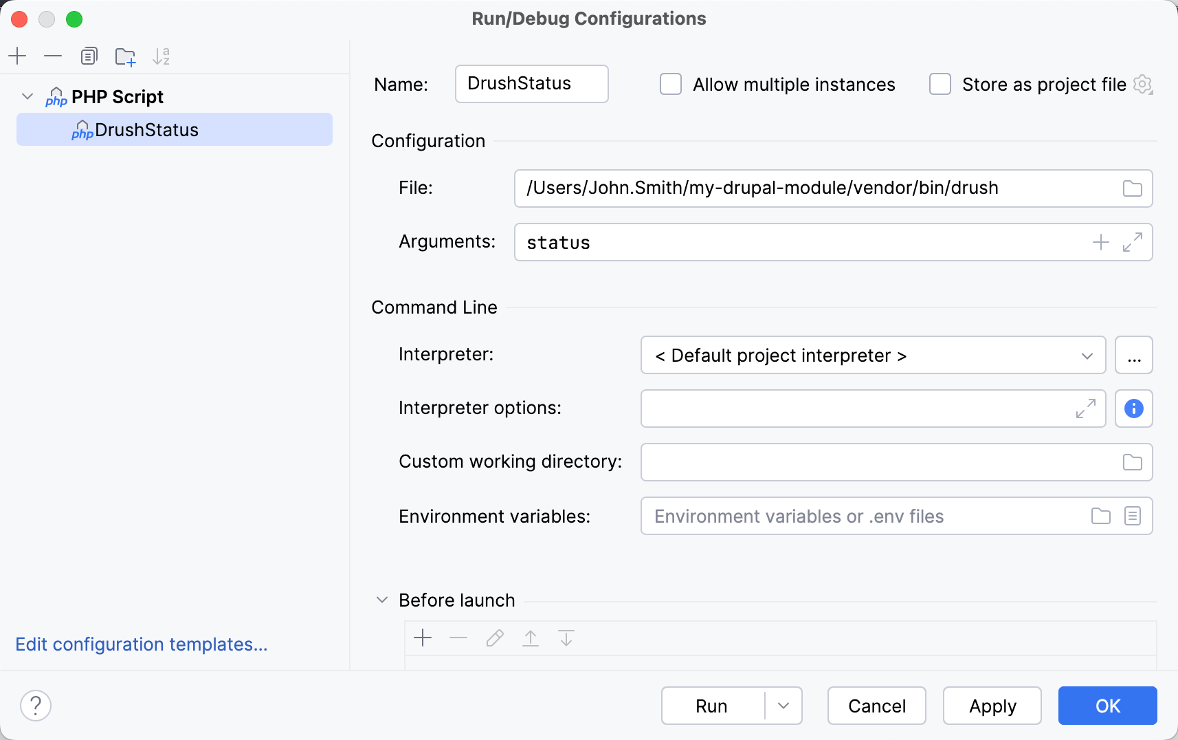 Run/Debug Configurations dialog for Drupal CLI command Run/Debug Configurations dialog for Drupal CLI command