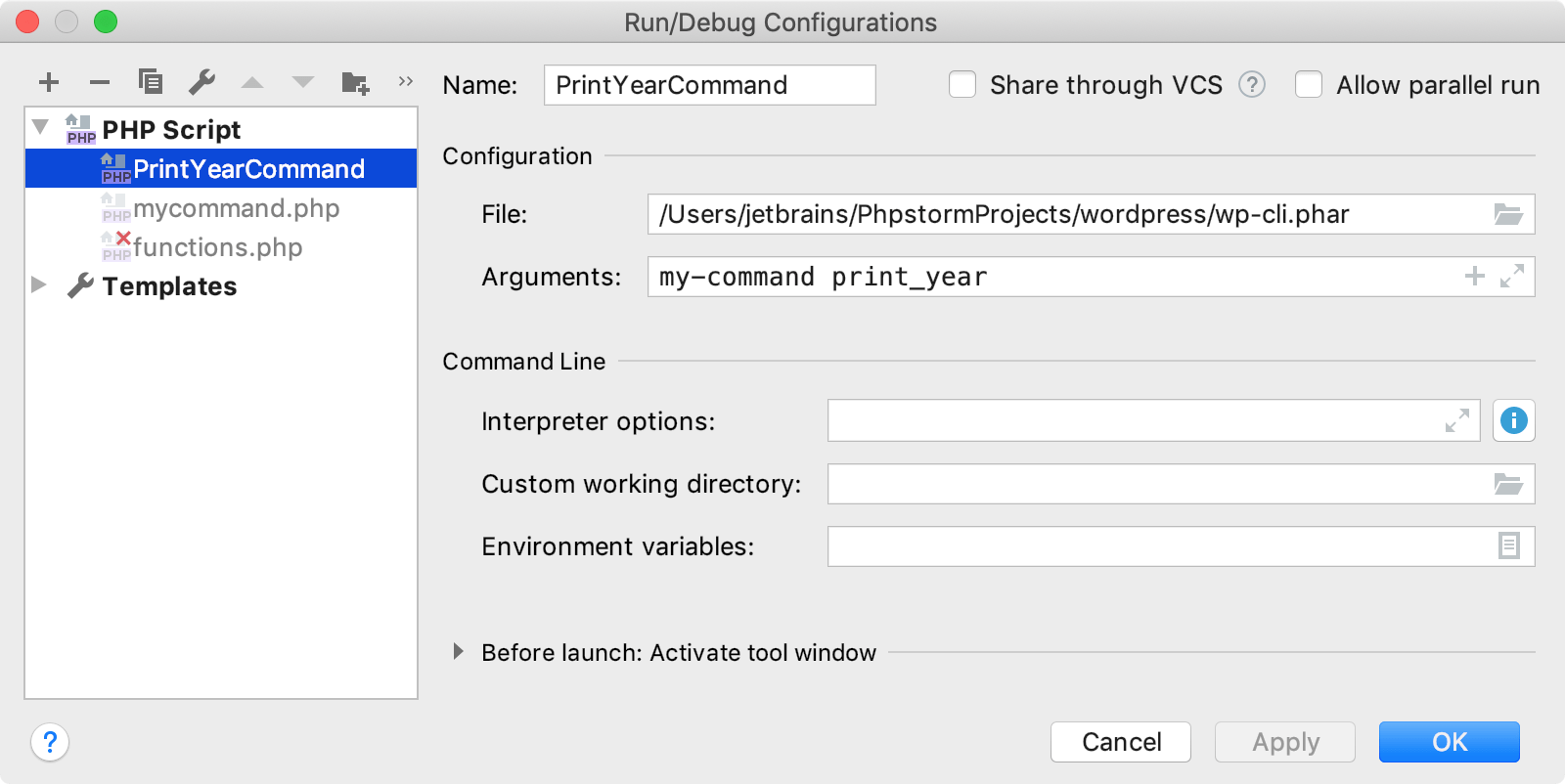 Run/Debug Configurations dialog for Wordpress CLI command Run/Debug Configurations dialog for Wordpress CLI command