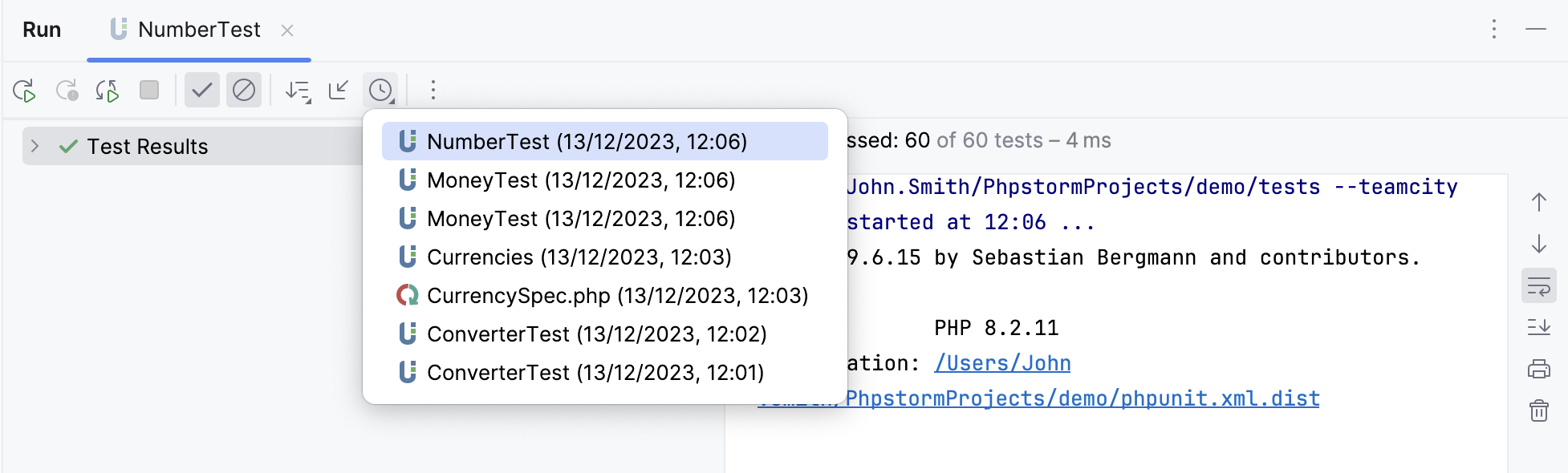Viewing results of previous tests Viewing results of previous tests