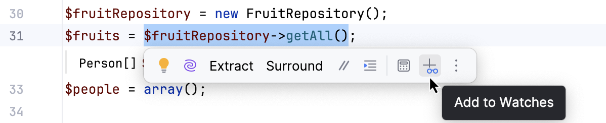 Add to Watches button in the floating toolbar Add to Watches button in the floating toolbar