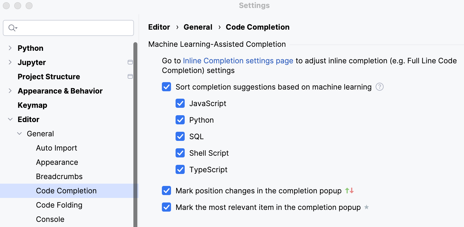 ML-assisted completion settings