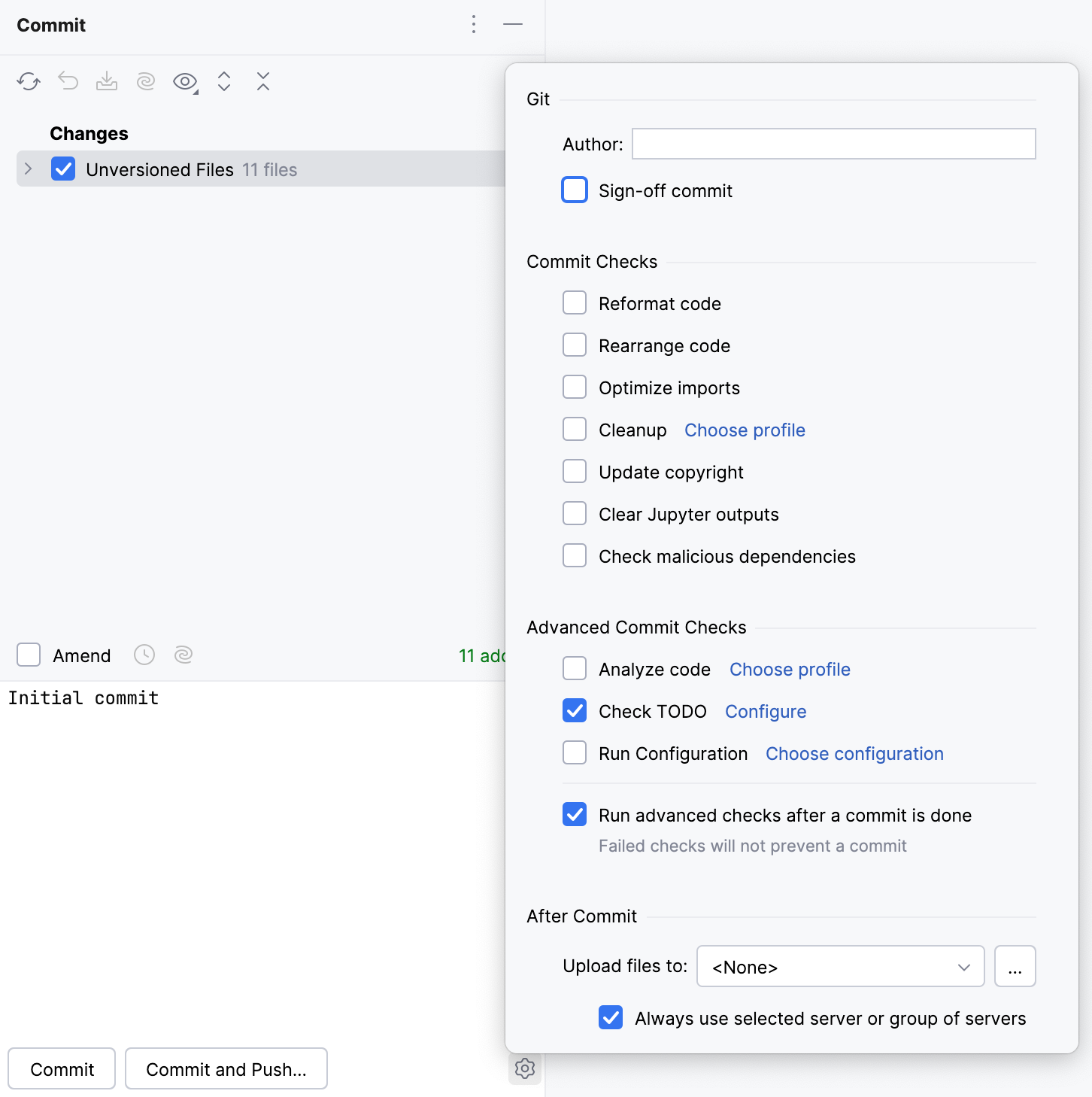 Advanced commit options popup Advanced commit options popup