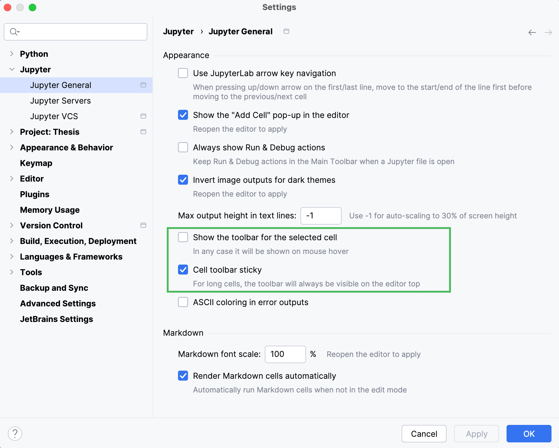 Cell toolbar settings